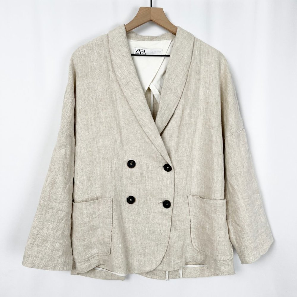Zara Timeless Collection Linen Double Breasted Oversized Blazer Jacket Long Coat - Picture 3 of 6